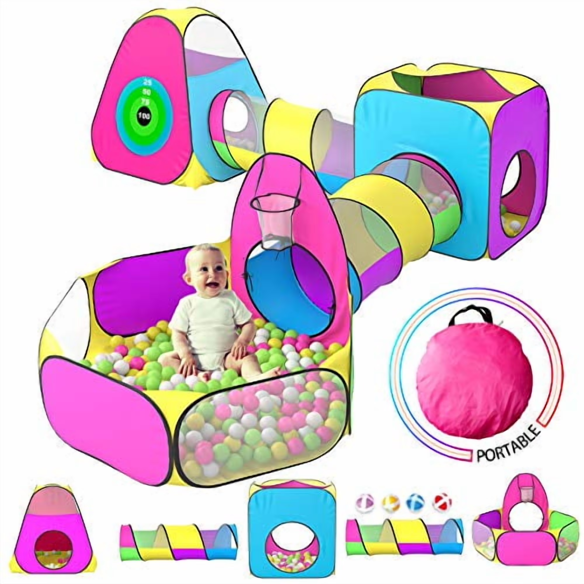 5Pc Kids Play Tent for Toddler with 1 Baby Ball Pits, 2 Baby Crawl Tunnels, 2 Pop up Tents, Indoor Outdoor Playhouse Toys for Boys/Girls, Gift Target Game with 4 Dart Balls